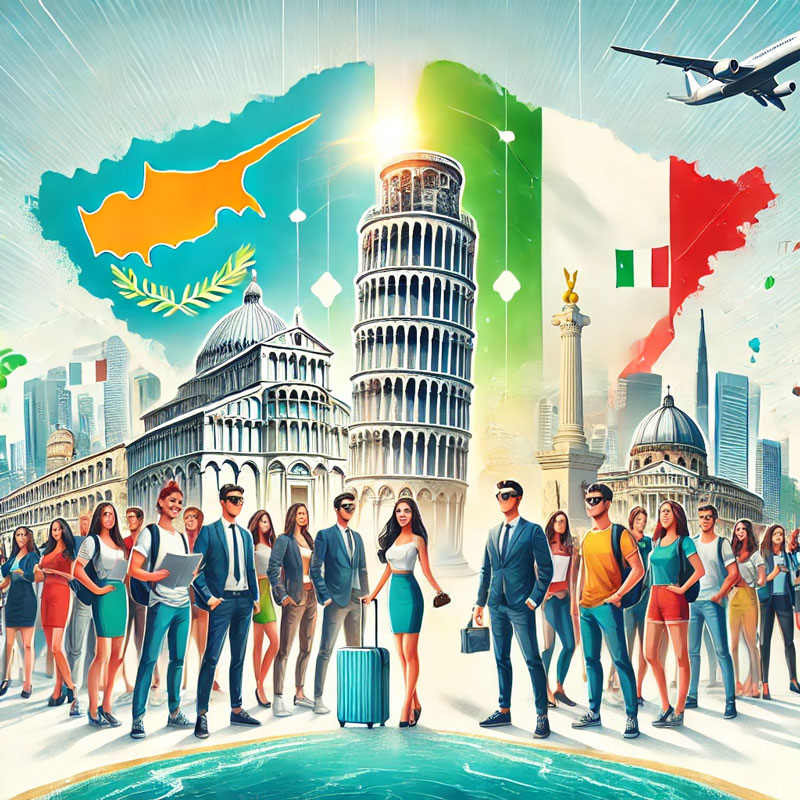 DALL.E 2025 01 27 12.11.02 A professional and vibrant advertisement poster promoting a student mobility program between Cyprus and Italy